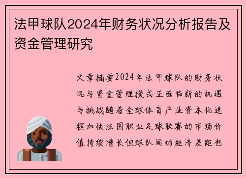 法甲球队2024年财务状况分析报告及资金管理研究