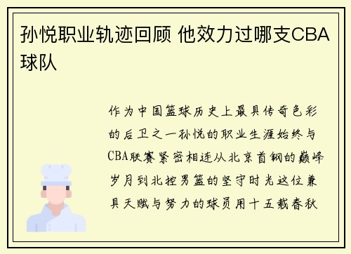 孙悦职业轨迹回顾 他效力过哪支CBA球队